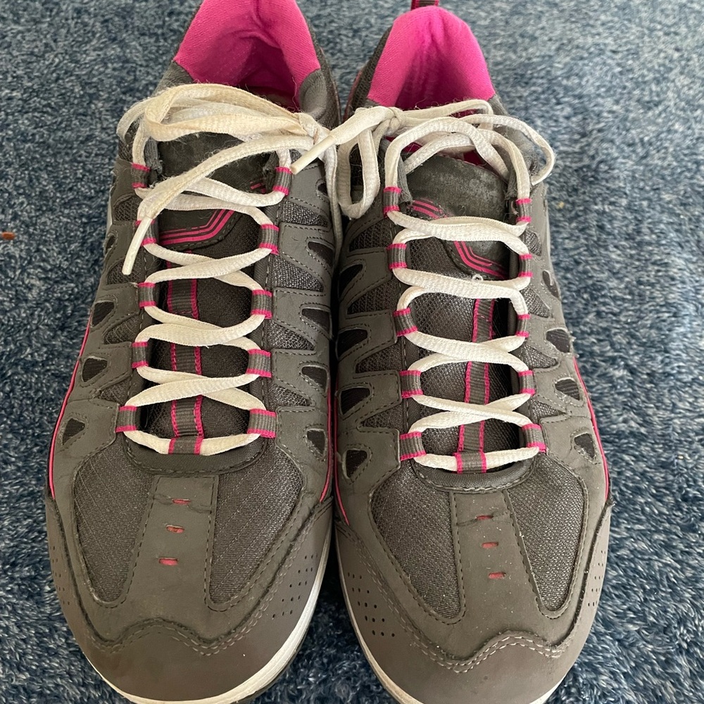 Gray and Pink Athletic Shoes with Suede Upper and Pink Accents
